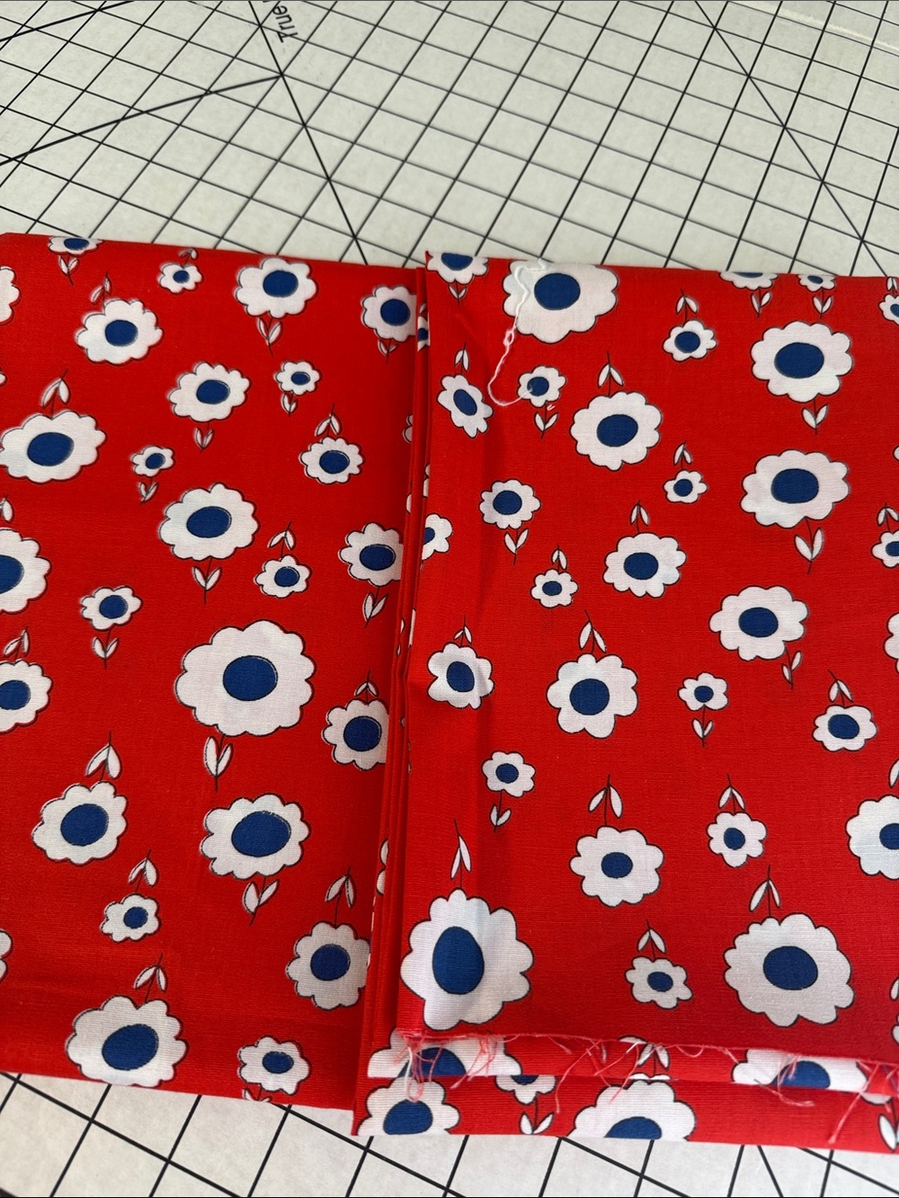 Vintage 1970s Red Daisy Floral Cotton Fabric 2¼+ Yards x 44” Blue White Flowers